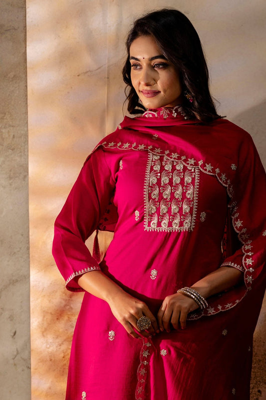 Hot Pink Embroidered Silk Blend Pant Style Salwar Suit - Mangaldeep NX