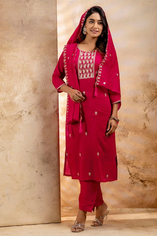 Hot Pink Embroidered Silk Blend Pant Style Salwar Suit - Mangaldeep NX
