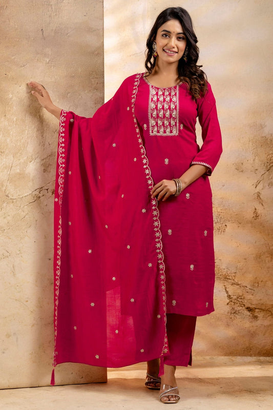 Hot Pink Embroidered Silk Blend Pant Style Salwar Suit - Mangaldeep NX