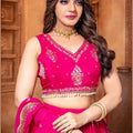 Hot Pink Embroidered Silk Lehenga Choli Set with Zari and Mirror Work Dupatta - Mangaldeep NX