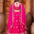 Hot Pink Embroidered Silk Lehenga Choli Set with Zari and Mirror Work Dupatta - Mangaldeep NX
