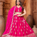 Hot Pink Embroidered Silk Lehenga Choli Set with Zari and Mirror Work Dupatta - Mangaldeep NX