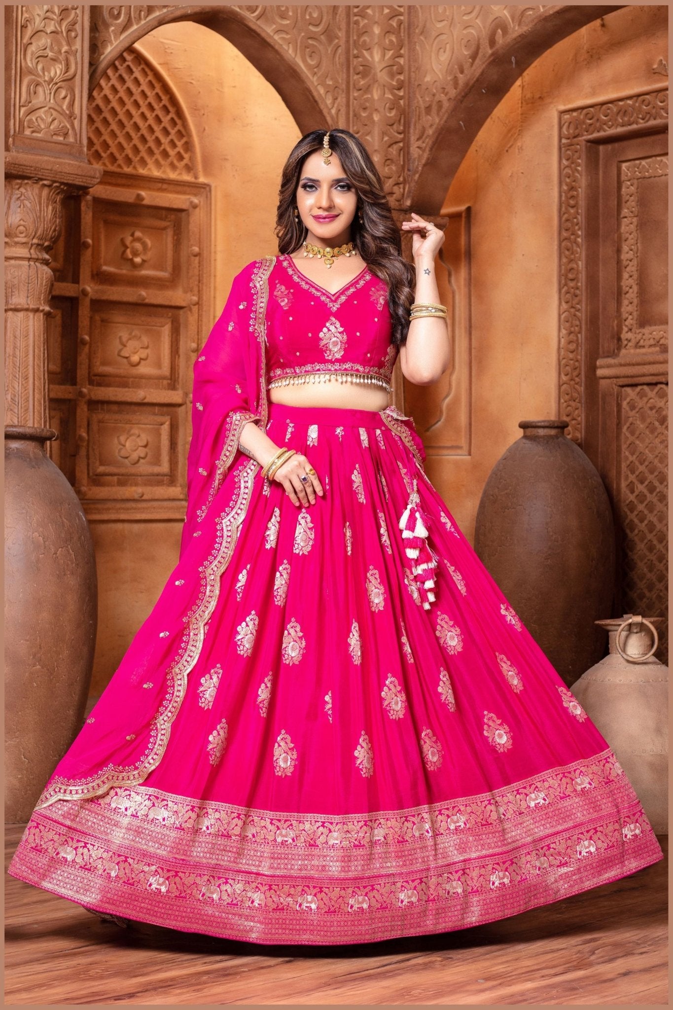Hot Pink Embroidered Silk Lehenga Choli Set with Zari and Mirror Work Dupatta - Mangaldeep NX