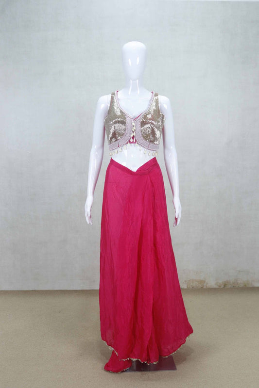 Hot Pink Pre - Draped Saree with Sequin Blouse for Party and Festive Wear - Mangaldeep NX