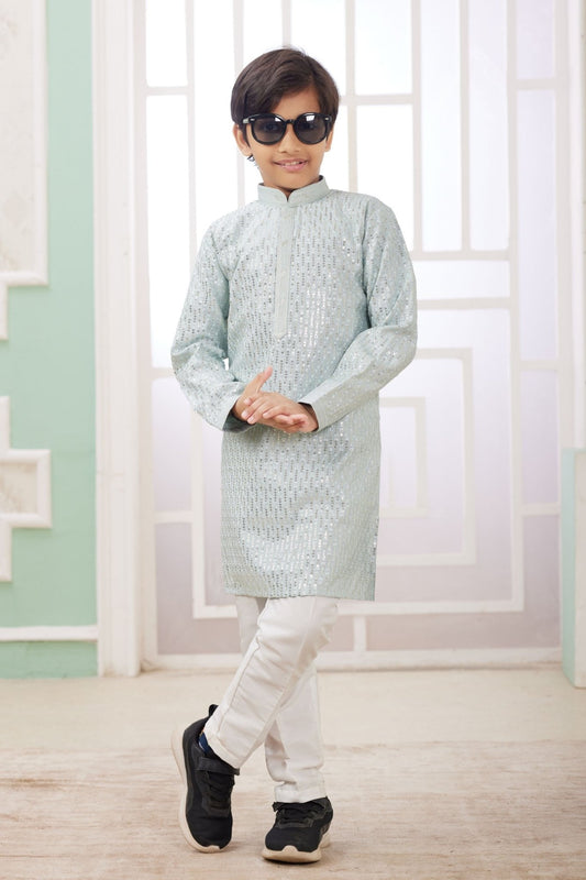 Icy Blue Mirror Embroidered Kurta Pajama Set for Boys with White Pants - Mangaldeep NX