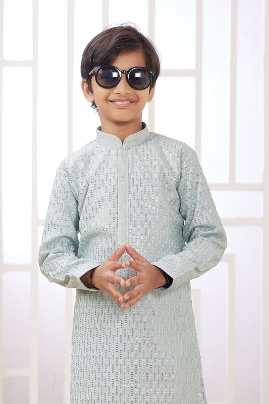 Icy Blue Mirror Embroidered Kurta Pajama Set for Boys with White Pants - Mangaldeep NX