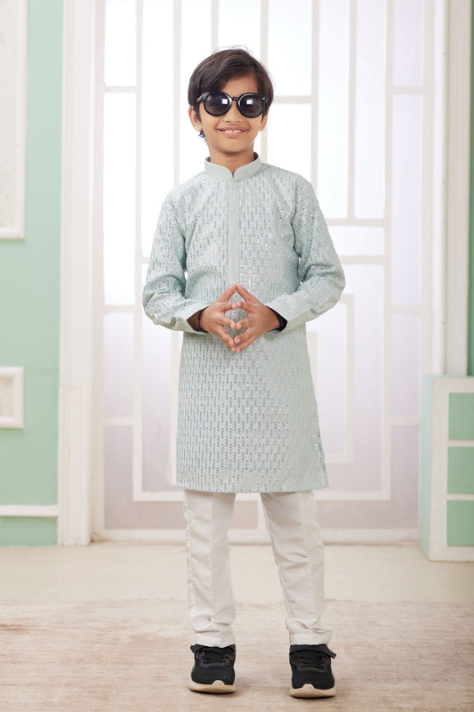 Icy Blue Mirror Embroidered Kurta Pajama Set for Boys with White Pants - Mangaldeep NX
