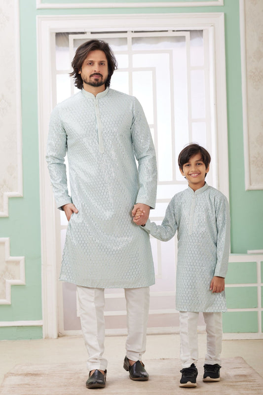 Icy Blue Sequin Embroidered Kurta Pajama Set for Father and Son - Mangaldeep NX