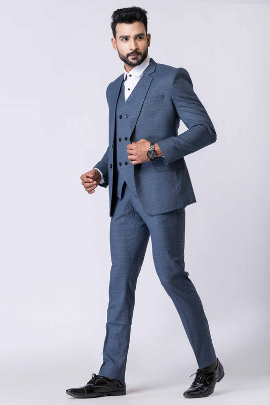 Impressive Men's Blue Checked 3 - Piece Tuxedo Suit with Bow Tie - Mangaldeep NX
