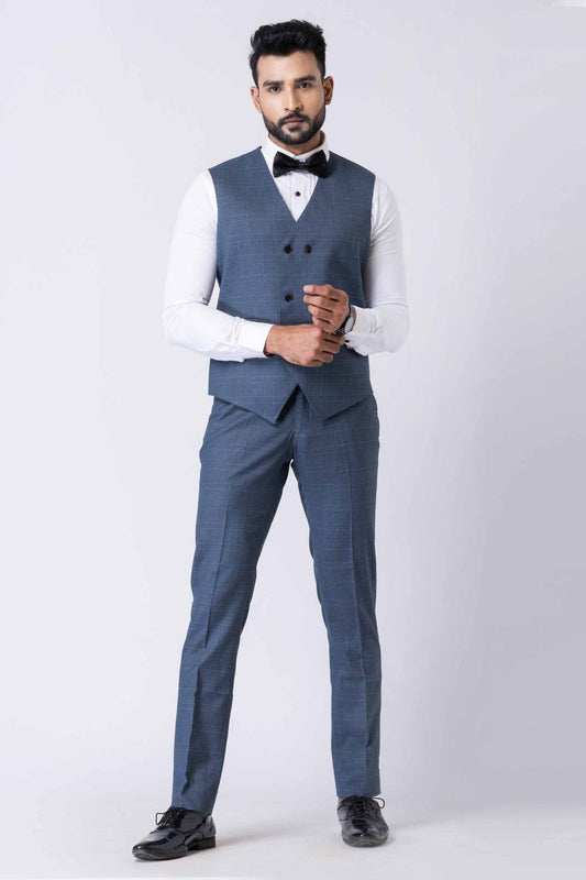 Impressive Men's Blue Checked 3 - Piece Tuxedo Suit with Bow Tie - Mangaldeep NX
