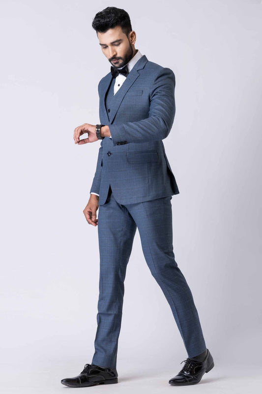 Impressive Men's Blue Checked 3 - Piece Tuxedo Suit with Bow Tie - Mangaldeep NX