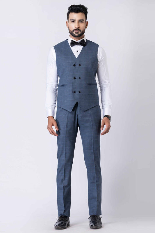 Impressive Men's Blue Checked 3 - Piece Tuxedo Suit with Bow Tie - Mangaldeep NX