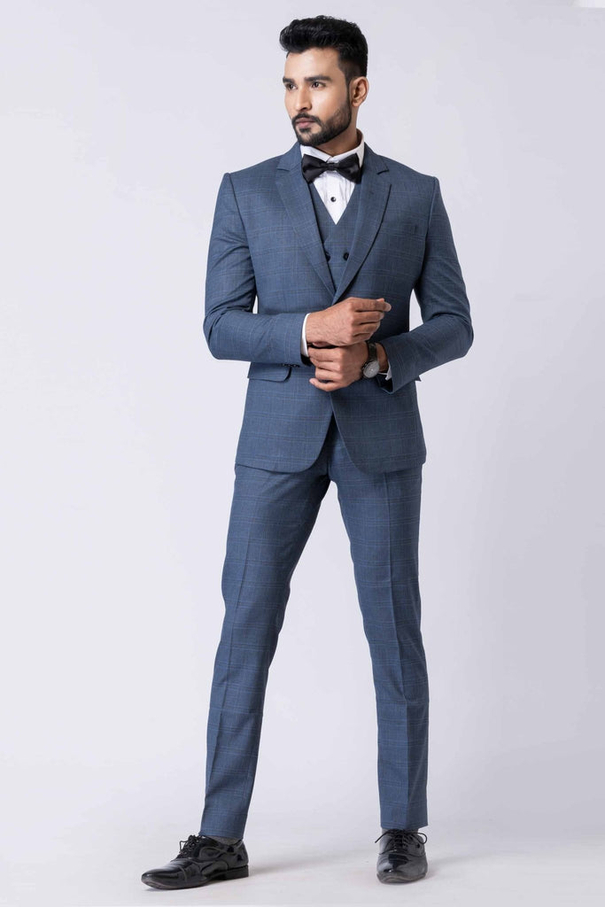 Impressive Men's Blue Checked 3 - Piece Tuxedo Suit with Bow Tie - Mangaldeep NX