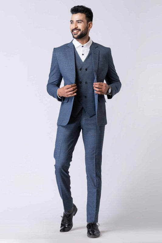 Impressive Men's Blue Checked 3 - Piece Tuxedo Suit with Bow Tie - Mangaldeep NX