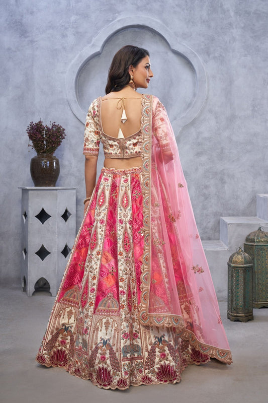 Ivory and Pink Embroidered Bridal Lehenga Choli with Mirror Work and Elephant Motifs - Mangaldeep NX