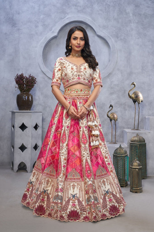 Ivory and Pink Embroidered Bridal Lehenga Choli with Mirror Work and Elephant Motifs - Mangaldeep NX