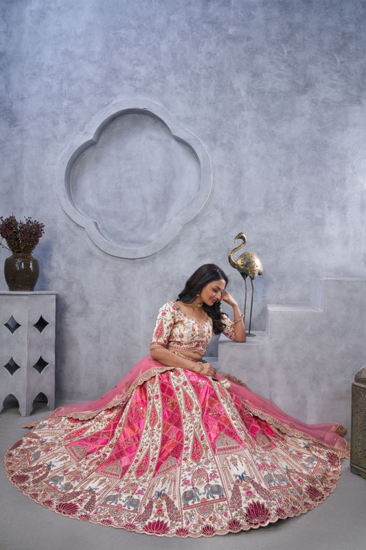 Ivory and Pink Embroidered Bridal Lehenga Choli with Mirror Work and Elephant Motifs - Mangaldeep NX
