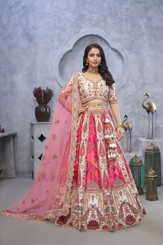 Ivory and Pink Embroidered Bridal Lehenga Choli with Mirror Work and Elephant Motifs - Mangaldeep NX