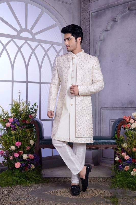 Ivory Embroidered Indo‑Western Sherwani for Groom with Jacket - Mangaldeep NX
