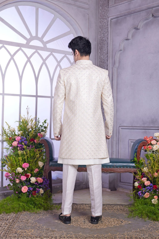 Ivory Embroidered Indo‑Western Sherwani for Groom with Jacket - Mangaldeep NX
