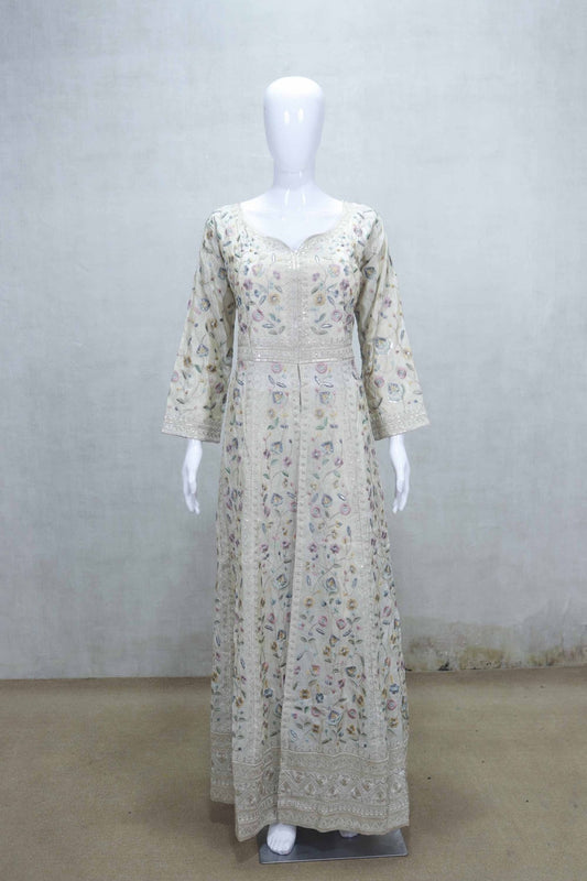 Ivory Multicolor Thread Embroidered Anarkali Kurta Set with Matching Dupatta - Mangaldeep NX