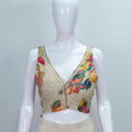 Ivory Printed Floral Shrug Set with Embellished Blouse and Flared Palazzo Pants - Mangaldeep NX