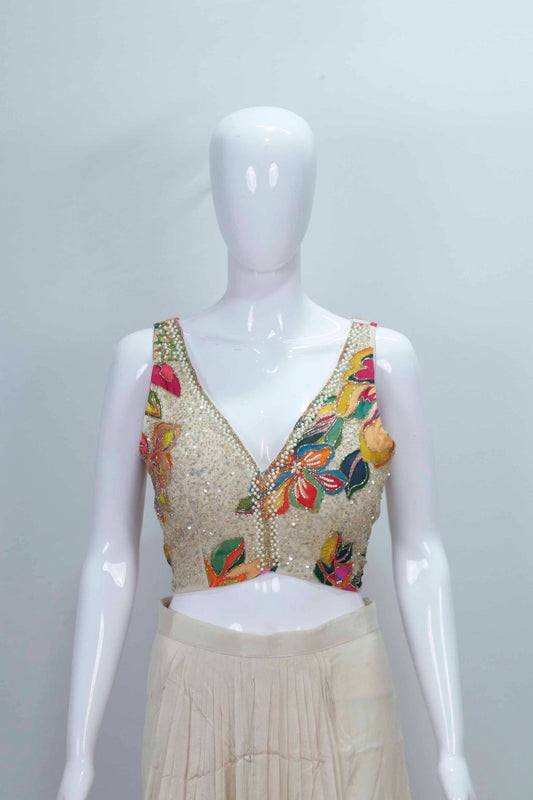 Ivory Printed Floral Shrug Set with Embellished Blouse and Flared Palazzo Pants - Mangaldeep NX