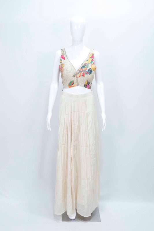 Ivory Printed Floral Shrug Set with Embellished Blouse and Flared Palazzo Pants - Mangaldeep NX