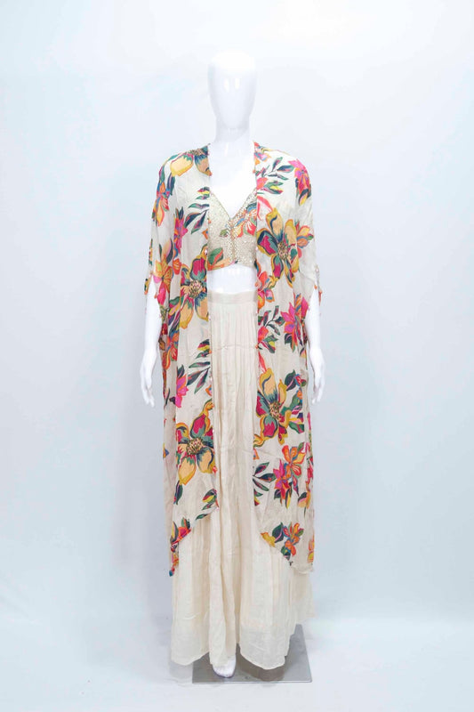 Ivory Printed Floral Shrug Set with Embellished Blouse and Flared Palazzo Pants - Mangaldeep NX