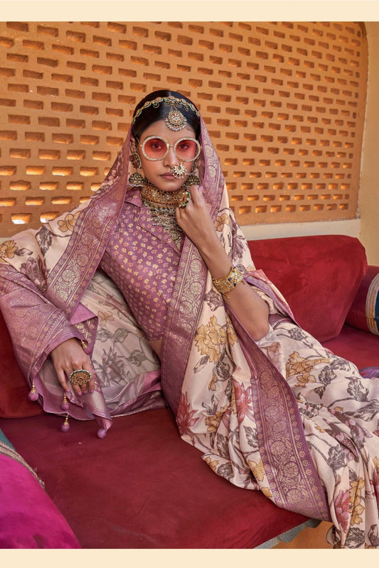 Ivory Silk Saree with Floral Print and Zari Border - Mangaldeep NX