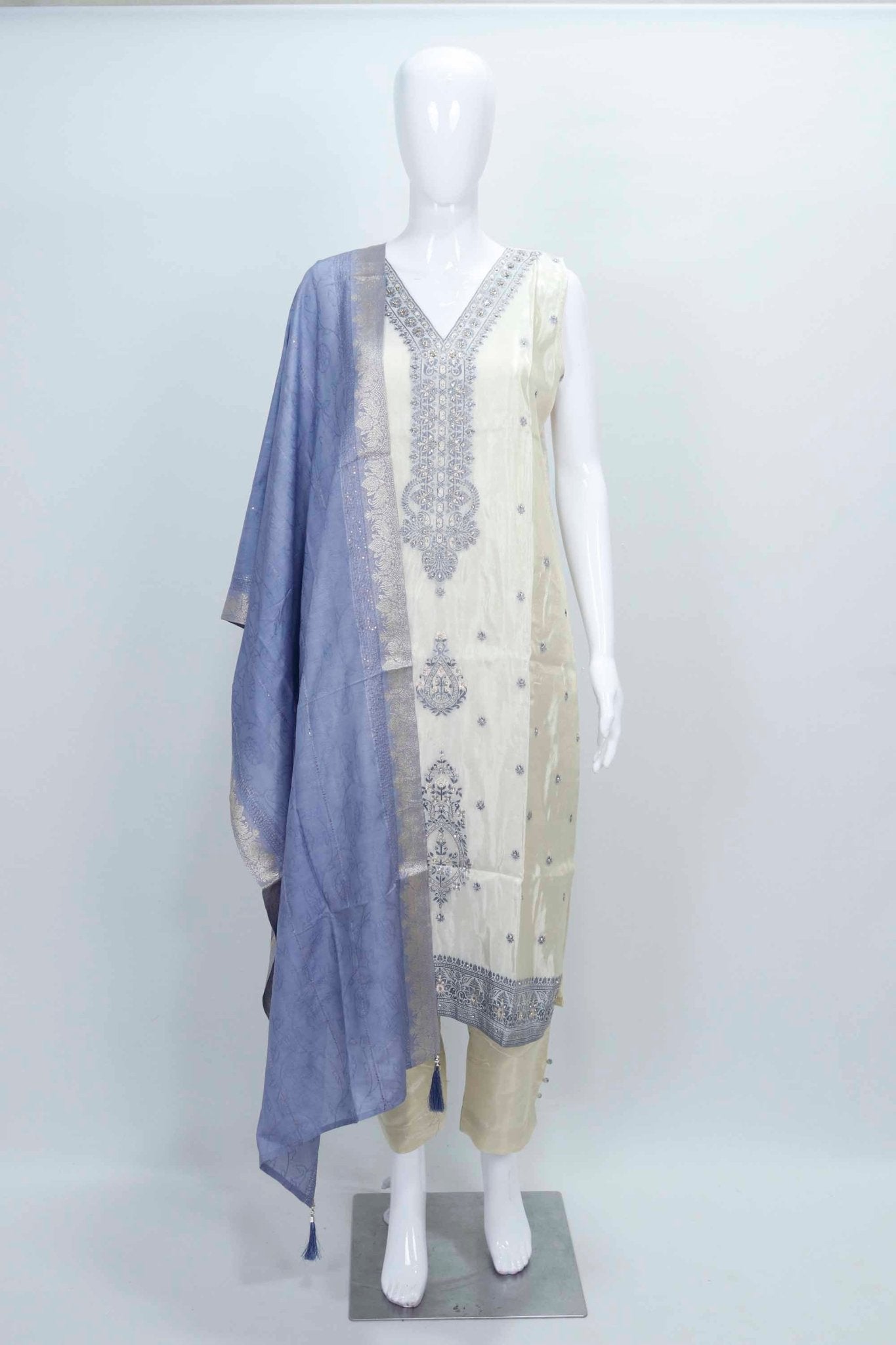 Ivory Silk Straight Suit with Blue Embroidered Dupatta - Mangaldeep NX