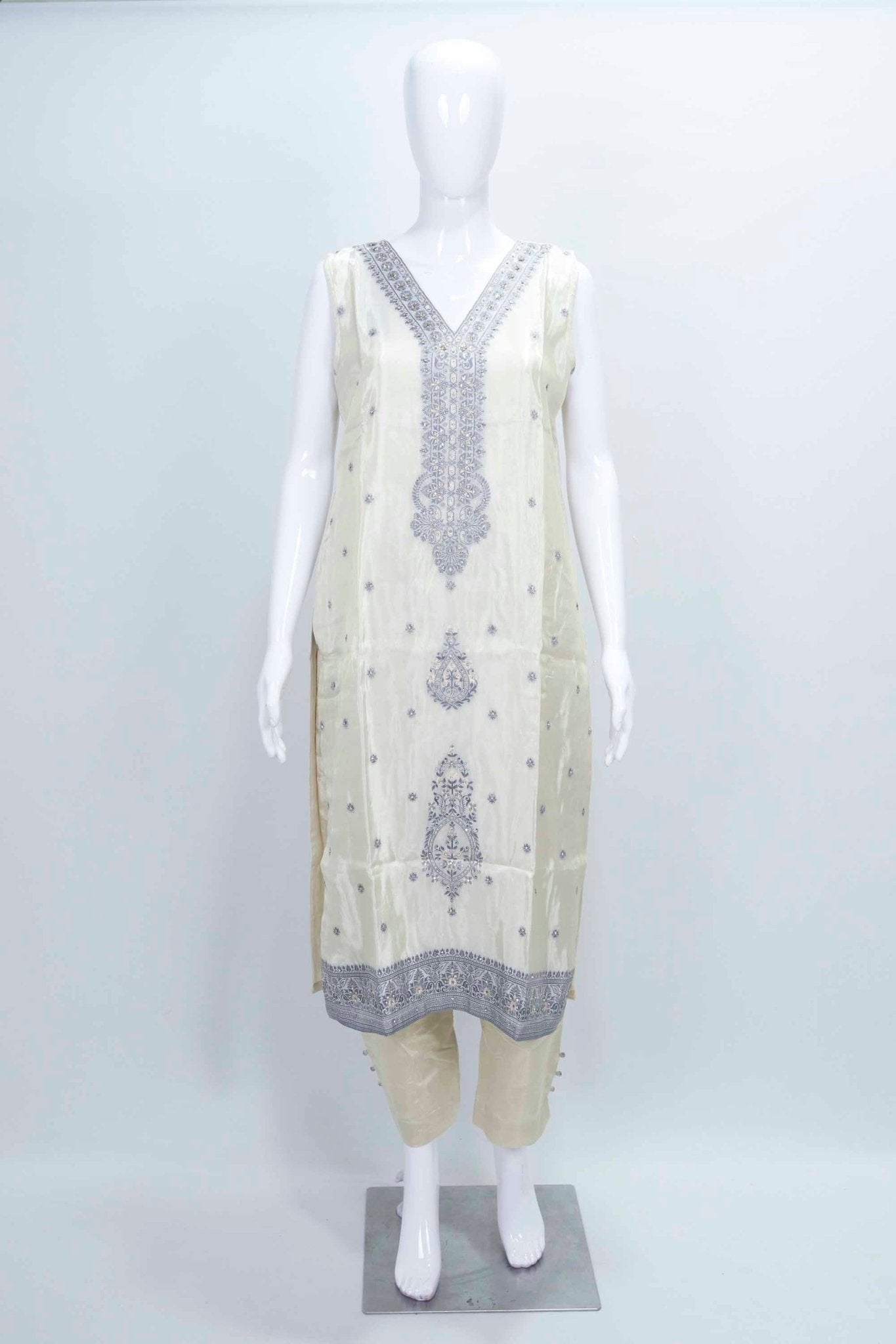 Ivory Silk Straight Suit with Blue Embroidered Dupatta - Mangaldeep NX