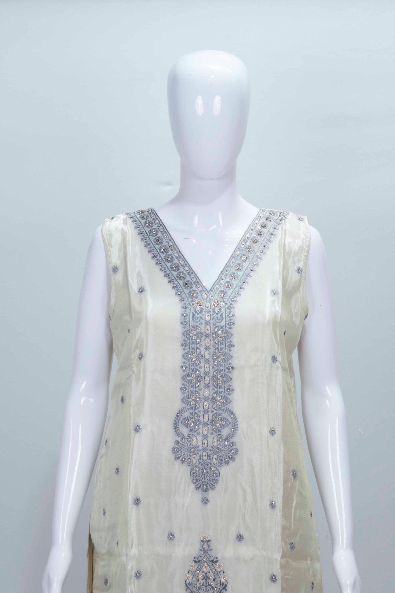 Ivory Silk Straight Suit with Blue Embroidered Dupatta - Mangaldeep NX
