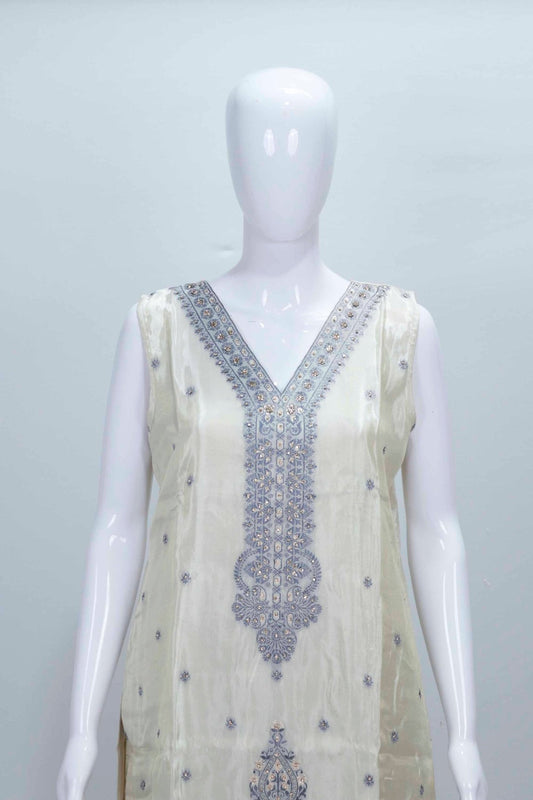 Ivory Silk Straight Suit with Blue Embroidered Dupatta - Mangaldeep NX