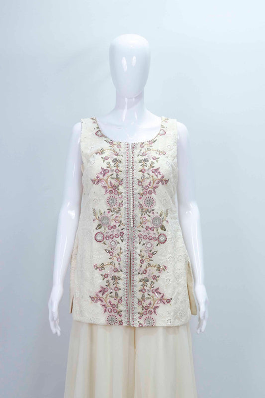 Ivory Sleeveless Embroidered Salwar Suit with Flared Palazzo Pants Set - Mangaldeep NX