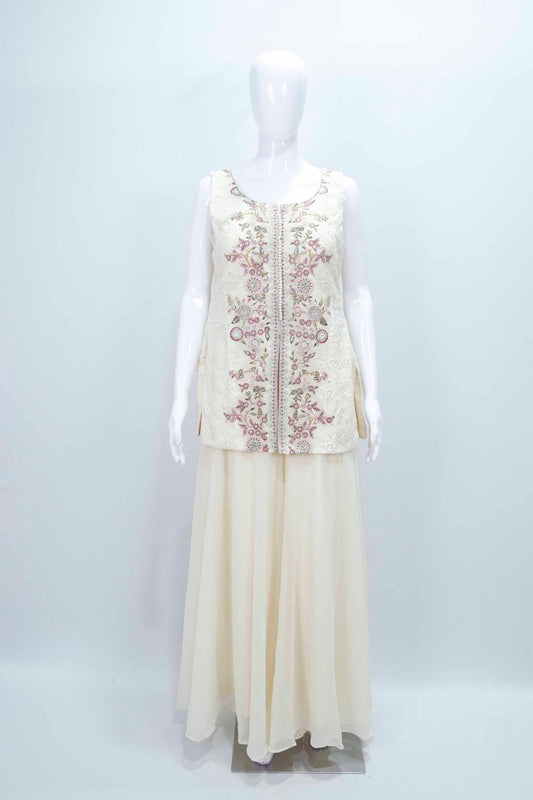 Ivory Sleeveless Embroidered Salwar Suit with Flared Palazzo Pants Set - Mangaldeep NX