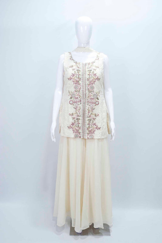 Ivory Sleeveless Embroidered Salwar Suit with Flared Palazzo Pants Set - Mangaldeep NX