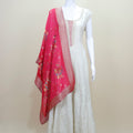 Ivory White Anarkali Suit with Thread Embroidery Contrast Pink Floral Dupatta - Mangaldeep NX