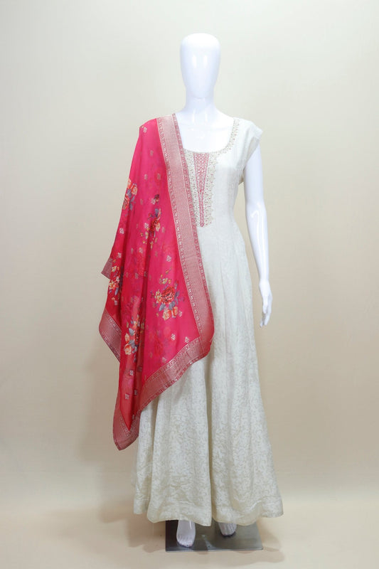 Ivory White Anarkali Suit with Thread Embroidery Contrast Pink Floral Dupatta - Mangaldeep NX