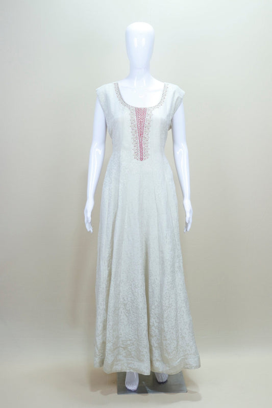Ivory White Anarkali Suit with Thread Embroidery Contrast Pink Floral Dupatta - Mangaldeep NX