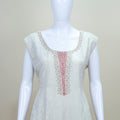 Ivory White Anarkali Suit with Thread Embroidery Contrast Pink Floral Dupatta - Mangaldeep NX