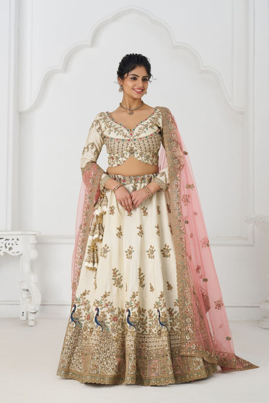 Ivory White Embroidered Bridal Lehenga Choli Set with Peacock Motifs and Pink Net Dupatta - Mangaldeep NX