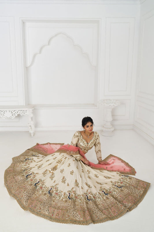 Ivory White Embroidered Bridal Lehenga Choli Set with Peacock Motifs and Pink Net Dupatta - Mangaldeep NX