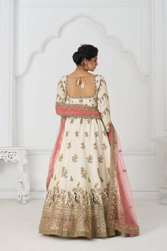 Ivory White Embroidered Bridal Lehenga Choli Set with Peacock Motifs and Pink Net Dupatta - Mangaldeep NX