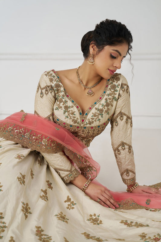 Ivory White Embroidered Bridal Lehenga Choli Set with Peacock Motifs and Pink Net Dupatta - Mangaldeep NX