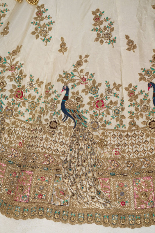 Ivory White Embroidered Bridal Lehenga Choli Set with Peacock Motifs and Pink Net Dupatta - Mangaldeep NX