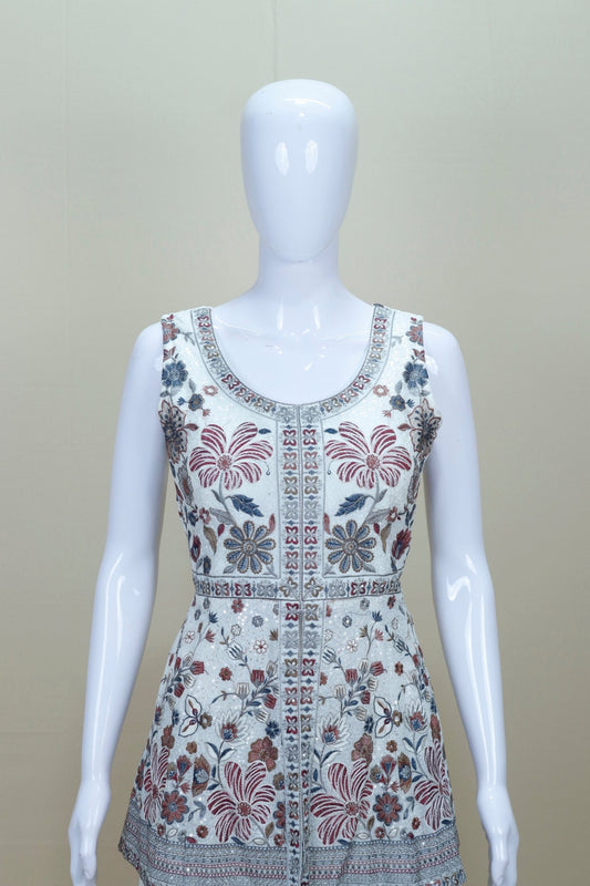 Ivory White Floral Embroidered Anarkali Suit with Matching Dupatta - Mangaldeep NX
