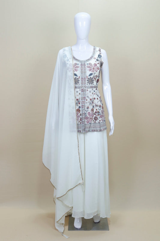 Ivory White Floral Embroidered Anarkali Suit with Matching Dupatta - Mangaldeep NX