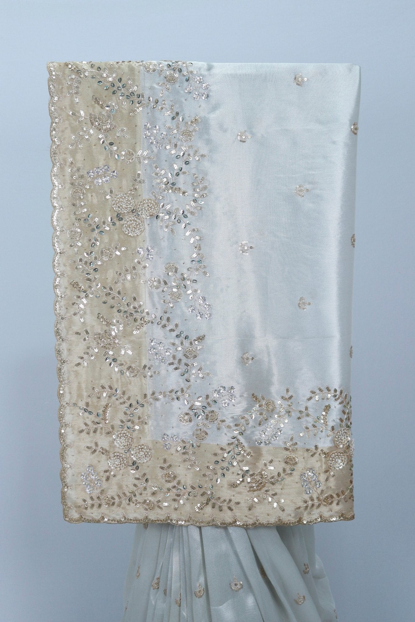 Ivory White Satin Organza Saree with Gold Sequin Embroidery and Velvet Border Pallu - Mangaldeep NX