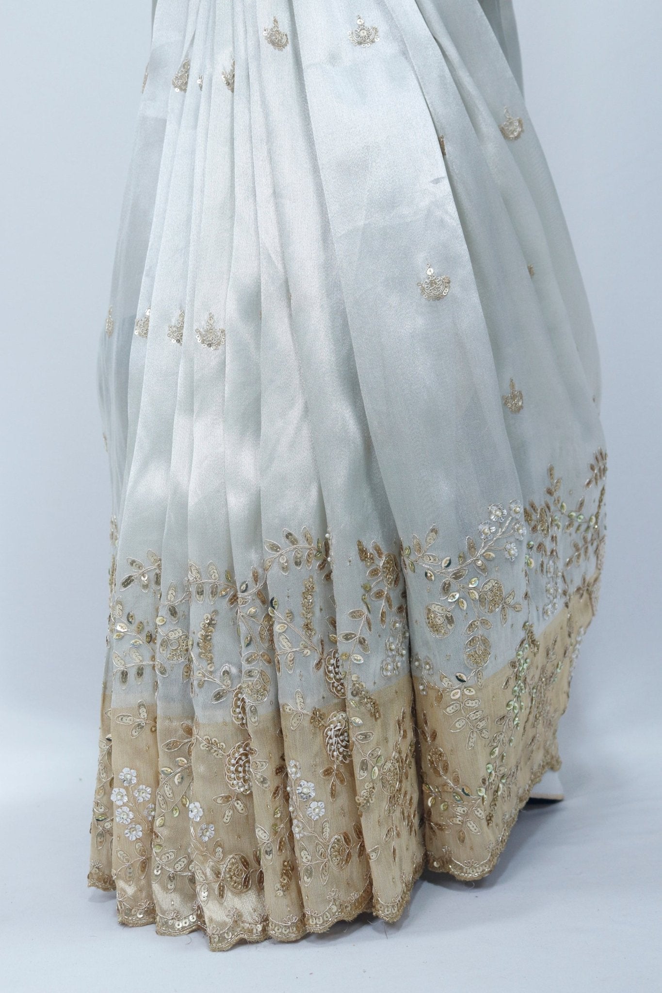 Ivory White Satin Organza Saree with Gold Sequin Embroidery and Velvet Border Pallu - Mangaldeep NX